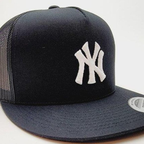 NYC New York Yankees Puff Embroidered Trucker Mesh Cap Hat FLAT BILL Baseballer